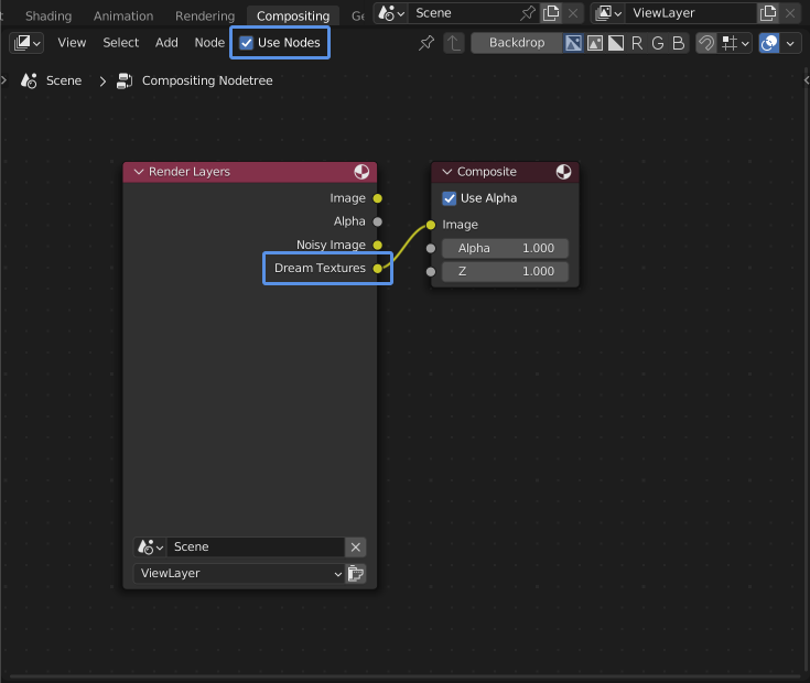 A screenshot of the Compositor space with Use Nodes checked and the Dream Textures socket from the Render Layers node connected to the Image socket of the Composite node